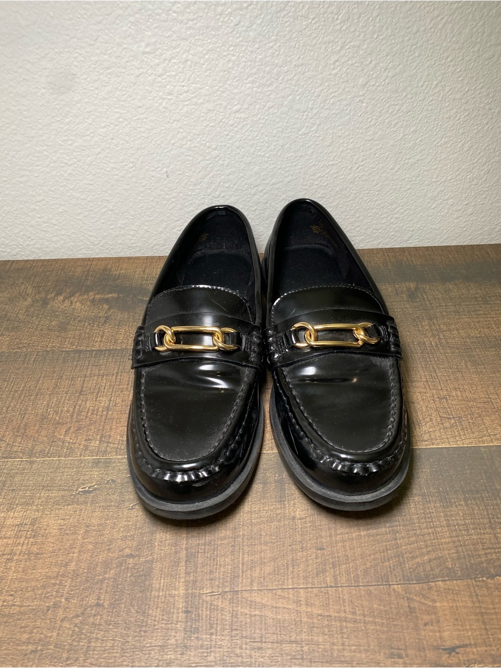 H&M Black Patent Chain Loafers EU 38 Gold Hardware